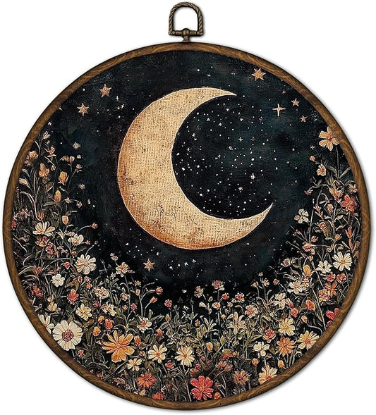 cvjutf Vintage Moon Floral Wall Art Decor Framed, Gothic Botanical Round Wall Decor, Dark Cottagecore Decor, Moody Moon Canvas Prints Art for Bedroom Bathroom Living Room, 10x10 In
