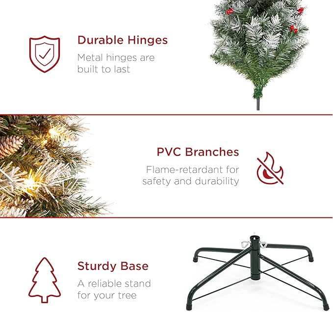 Best Choice Products 9ft Pre-Lit Pencil Christmas Tree, Partially Flocked Pre-Decorated for Home, Skinny Frosted Holiday Tree w/ 1,298 Tips, 460 Lights, Pine Cones, Metal Hinges & Base