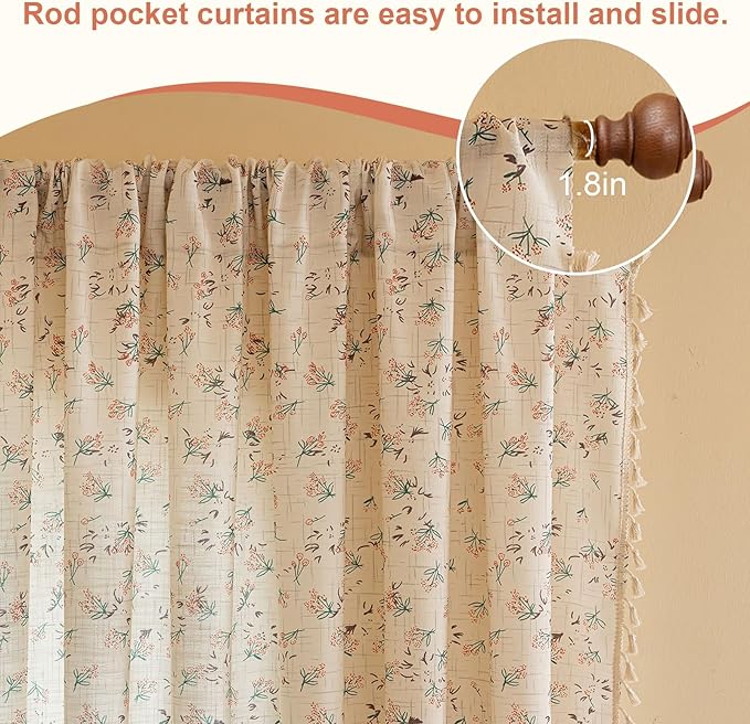 OYX Boho Floral Curtains 84 Inch Length 2 Panels for Living Room, Bedroom Light Filtering Drapes, Farmhouse Vintage Country French Rustic Tassels Pattern Rod Pocket Aesthetic Decor Window Treatments