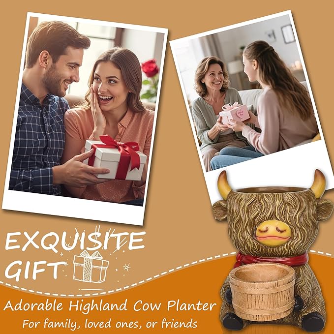 Cute Plant Pots Decor - Highland Cow Planter with Two Planters Animal Flower Pots with Drainage,Mini Succulent Pot for Home Desk Patio Decorations Outdoor Indoor Plants Pot Gifts for Plant Lovers