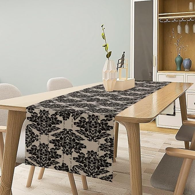 Black Damascus Royal Flowers Table Runner Vintage Classic Flower Table Runner for Kitchen Dining Party Decor 13x72in
