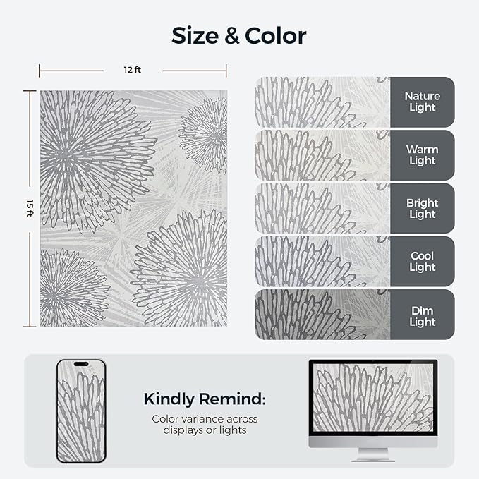 WITSHOCK 12x15 Washable Rug for Living Room,Modern Floral Distress Print Pattern Area Rugs,Stain Resistant with Non Slip Backing Carpet for Dining Room,Bedroom & Home Decor,Grey White