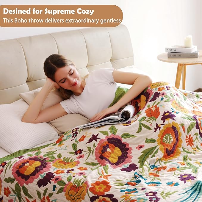 Boho Throw Blanket for Bed, 100% Organic Cotton Breathable Ultra Soft 60" x 80" Quilt Throw - All Season Floral Rustic Farmhouse Decor Luxury Reversible Blanket for Sofa Couch Chair and Gift
