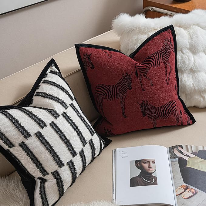 New 22x22'' inches Throw Pillow Cushion Covers - Zebra Pattern Red Color Chenille Jacquard Embroidery Luxury Modern Style Couch Sofa Bed Pillow Cover for Living Room Bedroom
