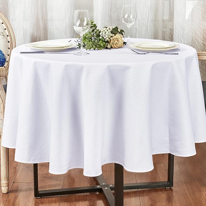 Rectangle Table Cloth Linen Farmhouse Stainproof Waterproof Washable Polyester Oblong Rectangular Fabric Table Cover for Kitchen Dining Dinner (White, Round 70'' Inch)