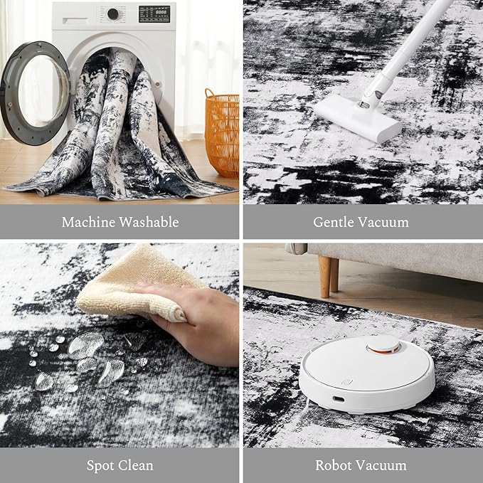 Rugflix 8x10 Area Rugs for Living Room, Washable Large Rug Stain-Resistant Low Pile, Modern Dark Carpet for Dining Room Home Office Kid Room Nursery Bedroom, Black Grey