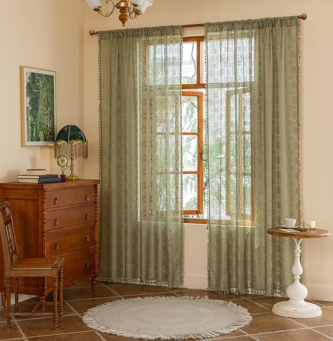 YJ YANJUN Sage Green Boho Curtains 2 Panels, Bohemian Crochet Floral Pattern, Vintage Lace Window Panels for Living Room Sliding Door, Cottagecore Farmhouse Light-Filtering Drapes W59 x L72
