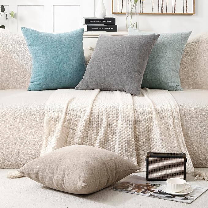 Jepeak 18x18 Inch Decorative Chenille Throw Pillow Covers, Pack of 2 Cozy Concise Pillow Cases Soft Farmhouse Modern Square Cushion Cover for Sofa Couch Bed Home Decor, Turquoise