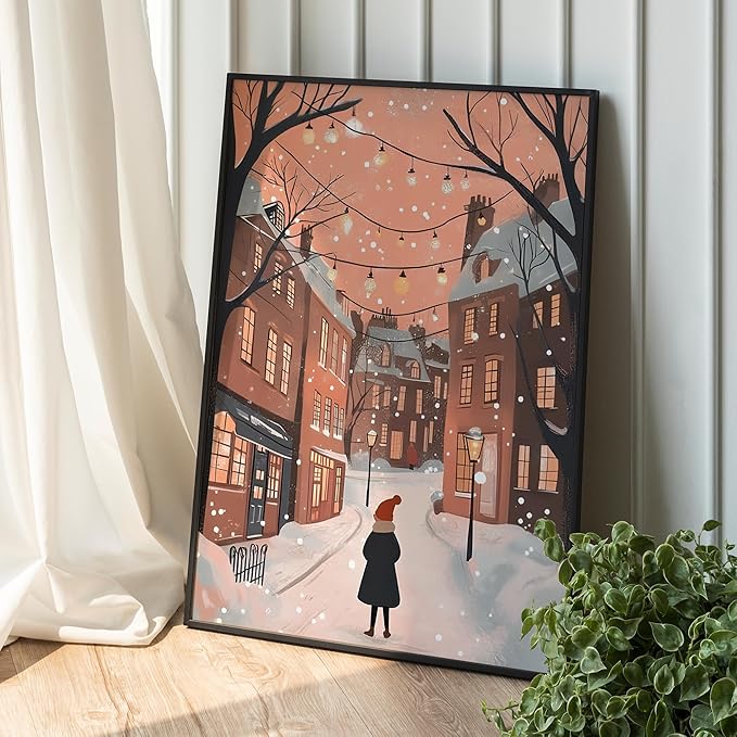OZCONO Cozy Winter Cityscape Wall Art for Seasonal Home Decor, Christmas Street Scene Artwork, Warm Holiday Village Print, Soft Snowy Evening Illustration (Unframed) (12x18)