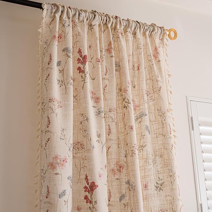 OYX Floral Curtains 2 Panels 52x84 Inches, Boho Tassel Semi-Sheer Light Filtering, Rod Pocket Farmhouse Window Drapes for Bedroom Living Room Dining Room, Bohemian Aesthetic Decor