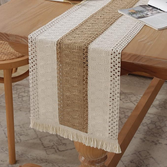 Boho Burlap Macrame Table Runner, Farmhouse Style Cotton Linen Rustic Woven Table Runner with Tassels for Dining, Wedding, Bridal Shower, Bohemian (12x72 inch, Coffee Stripe)