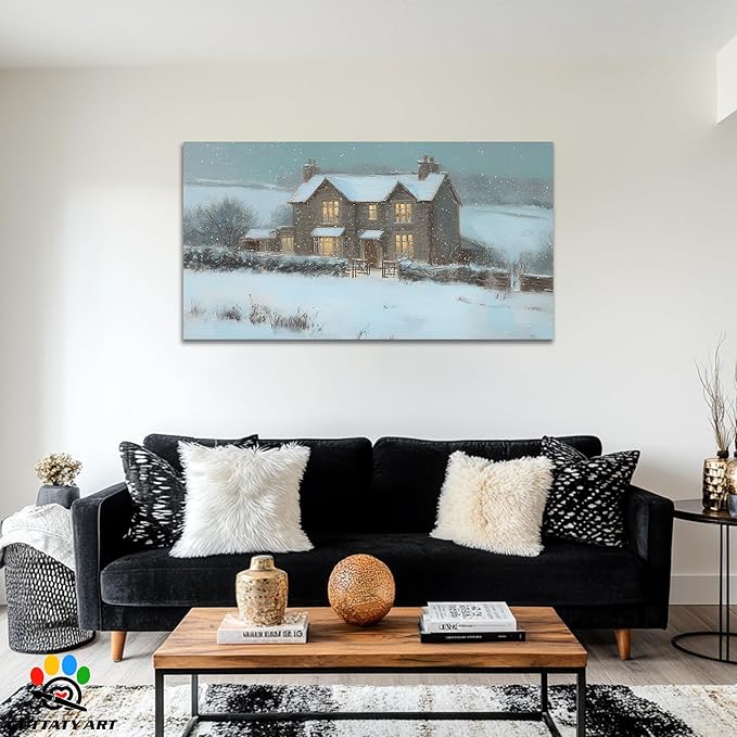 GUTTATY Christmas Winter Canvas Wall Art, Cozy House Snow Scene Canvas Painting, Christmas Winter Landscape Poster for Living Room, Office Decor, Gift for Family, 32x16 Inch
