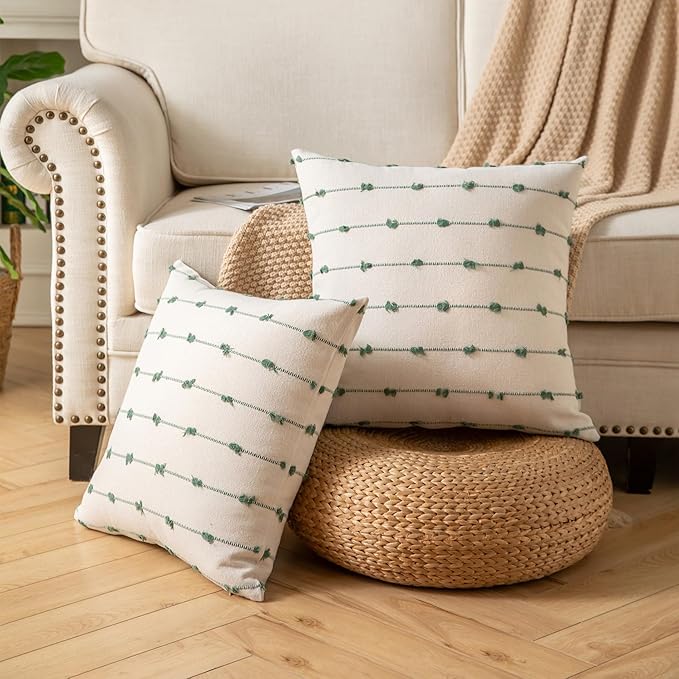 Caflife Boho Throw Pillow Covers 18x18 inches Beige and Green, Set of 2 Modern Farmhouse Decorative Pillow Covers for Couch Bed, Living Room
