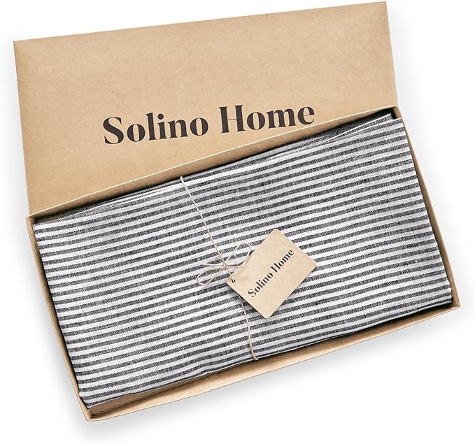 Solino Home Linen 60 Inch Round Tablecloth - Narrow Stripe, 100% Pure Linen Black and White Round Tablecloth - Machine Washable Table Cloth for Fall, Autumn, Winter, Thanksgiving, Christmas