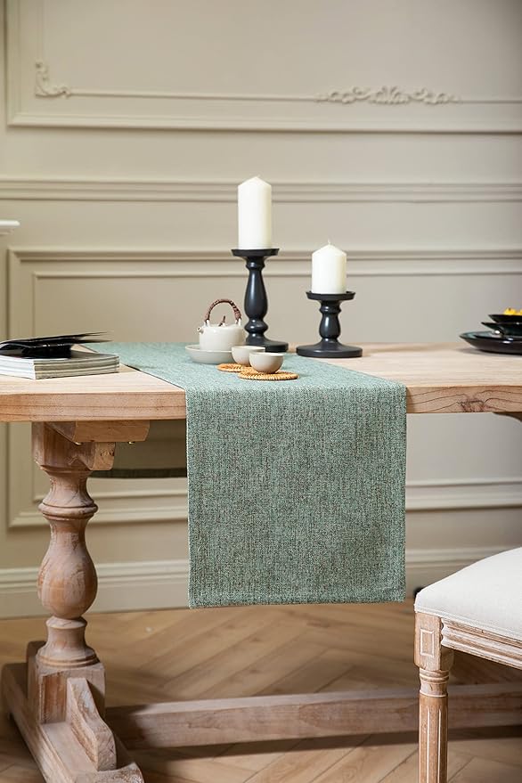 ZeeMart Burlap Style Farmhouse Table Runners 36 Inches Long, Green Rustic Woven Dining Table Runner for Everyday Use, 14x36 Inches, Mineral Green
