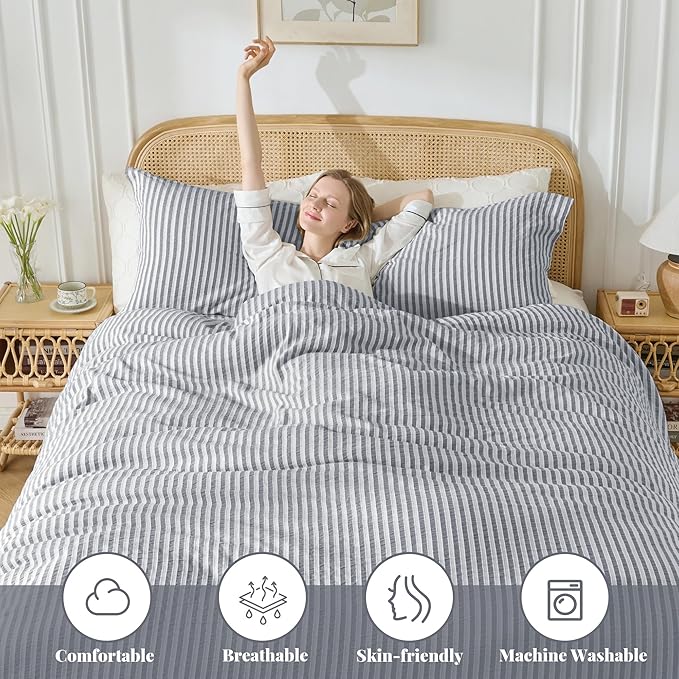MILDLY Striped Duvet Cover Set - 100% Washed Cotton Charcoal Grey Boho Jacquard Textured Comforter Cover 3pcs with Zipper Closure 90"x90"