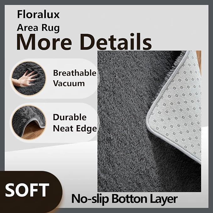 Floralux Area Rugs 9x12 Living Room, Dark Grey, Large Shag Rug Bedroom Rug, Ultra Soft Shaggy Fluffy Carpet for Playroom, Plush Modern Carpets for Kids Room, Dorm Home Decor Aesthetic