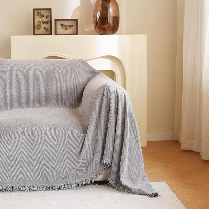 Sectional Couch Covers for 3 Cushion Couch Sofa Cover Chenille Herringbone Decorative Sectional Couch Covers Simply Put Couch Cover for Pets,Kids(Grey, X-Large, 71" x 134")
