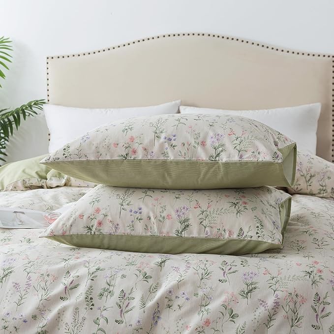 HoneiLife Floral Duvet Cover Queen - 100% Cotton Comforter Cover, Botanical Bedlinen Set for Queen Beds, 3-Piece Wildflower Comforter Cover Sets