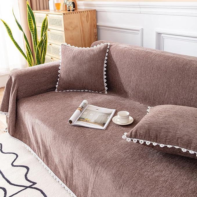VClife Couch Cover Modern Brown Couch Covers for 2 Cushion Couch Sofa - Washable Chenille Sofa Cover with Lace for Living Room Office RV Bedroom (71"X118") Gift for Christmas Thanksgiving Birthday