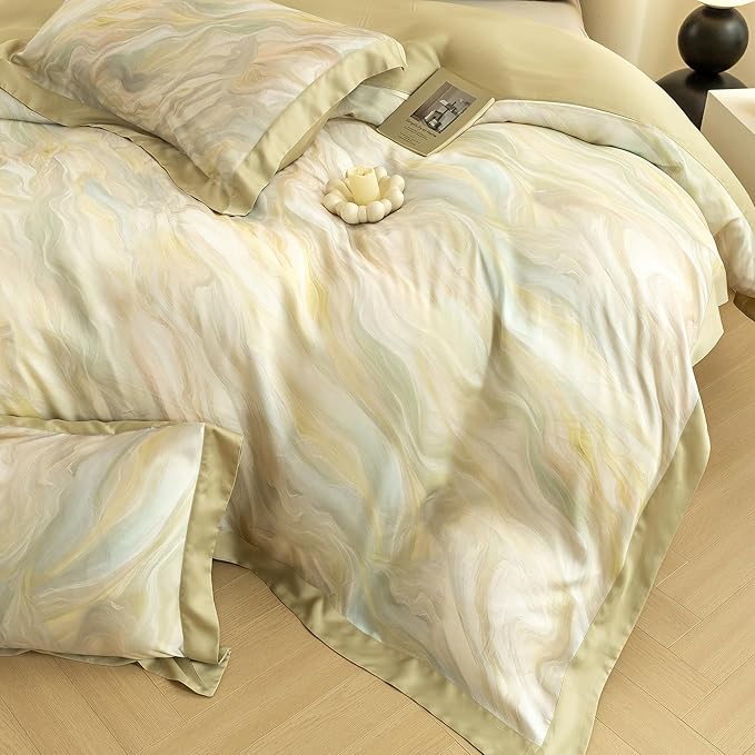 ECOCOTT Bedding 3-Piece Duvet Cover Set Queen Size – Silky Soft 100% Lyocell, Cooling & Breathable for Hot Sleepers, Ultra-Soft with Elegant Marble Pattern, Moisture-Wicking