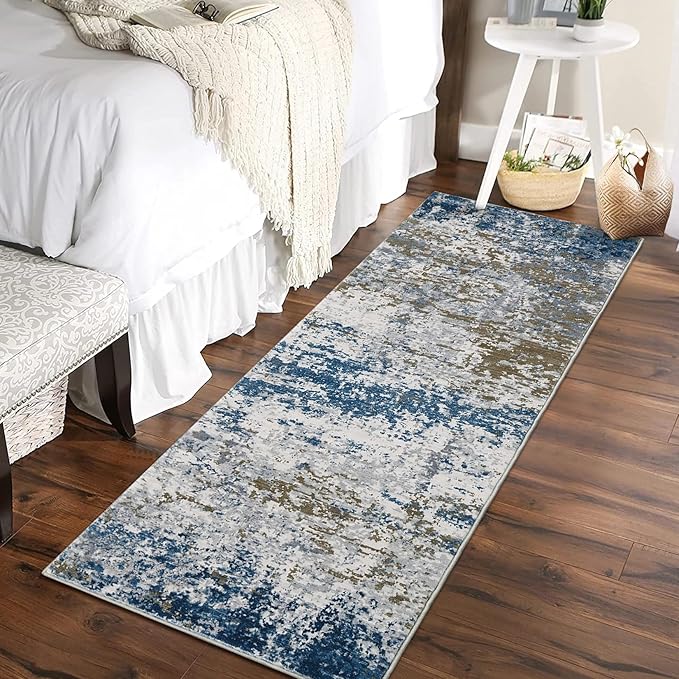 2x6 Modern Abstract Runner Rug Non Slip Soft Machine Washable Stain Resistant Rugs Low Pile Non Shed Rug for Hallway Kitchen Bathroom, Navy