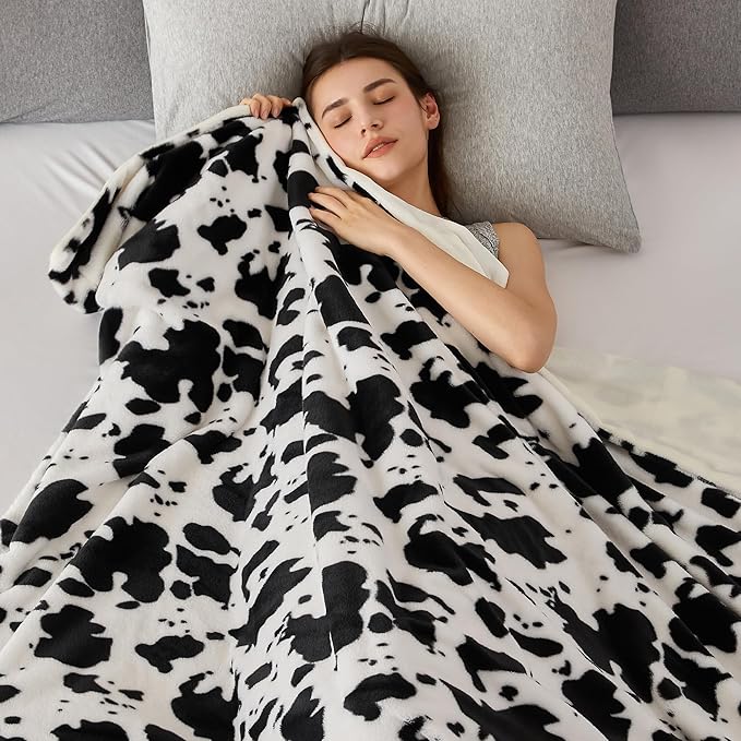 COOVA Faux Rabbit Fur & Flannel Throw Blanket 50x60 Inch - Luxury Fuzzy & Cozy Soft Blanket for All Seasons, Breathable and Comfortable for Bed, Sofa, Couch, and Camping, Cow Print,Black/White