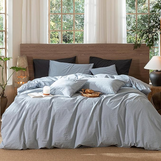 MooMee Wavy Striped Duvet Cover Set 100% Washed Cotton Linen Like Textured Breathable Durable Soft Comfy (Cornflower Blue, Cal King 104"x98")