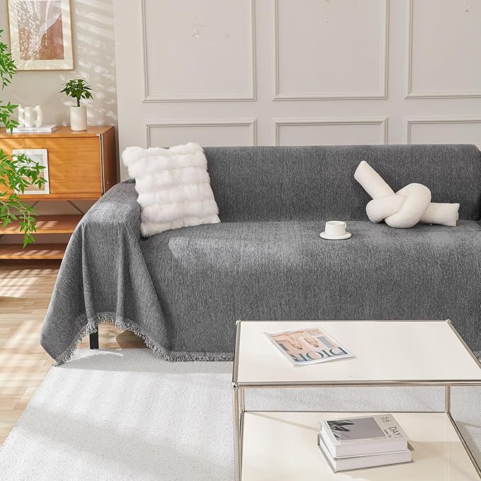 DREAMINGO Sofa Covers Washable Thick Chenille Couch Cover for 2 Cushion Couch Sofa Multi-Use Couch Cover Blanket Modern Pet Furniture Protector Sectional Couch Slipcover 91"x118", Dark Grey