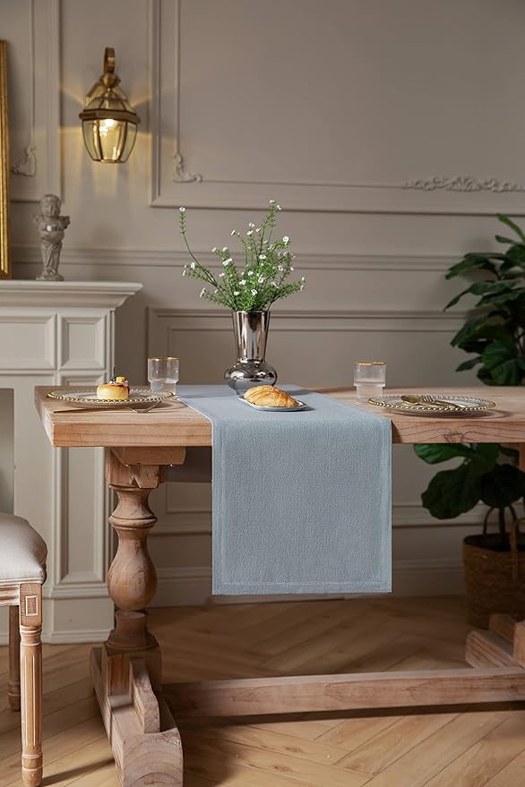 ZeeMart Burlap Style Farmhouse Table Runners 36 Inches Long, Dusty Blue Rustic Woven Dining Table Runner for Everyday Use, 14x36 Inches, Light Dusty Blue