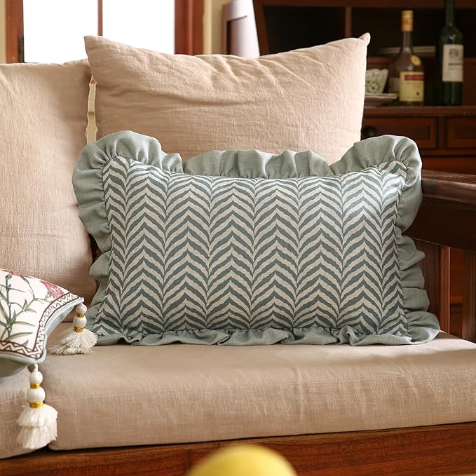 ISAENNE Design Linen Throw Pillow Covers 12"x20" Pack of 2, Rectangle Minimalist Cushion Covers with Powder Blue Chevron Leaves Pattern Decoration Pillowcases for Bed,Living Room,Outdoor,Car