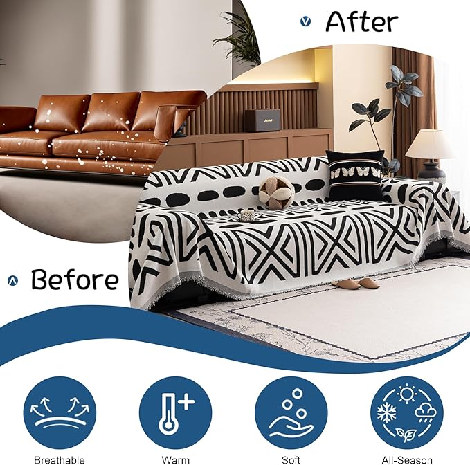VClife Boho Tribal Couch Cover Soft Chenille Sofa Cover for Sofa, 1 Piece Large Couch Covers for 2 Cushion Couch Sofa Washable Black White Jacquard Pattern Sofa Protector for Living Room 71''x118''