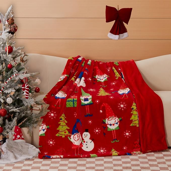 COOVA Christmas Faux Rabbit Fur & Flannel Throw Blanket 50x60 Inch - Festive Luxury Soft & Cozy, Perfect for Holiday Decor, Bed, Sofa, Couch, Father Christmas Pattern,Red