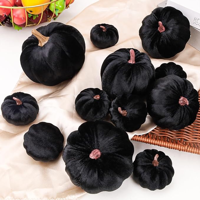 12 Pcs Autumn Artificial Velvet Pumpkins Set Halloween Faux Kitchen Cloth Fall Harvest Foam Farmhouse Porch Table Wedding Decorative Black