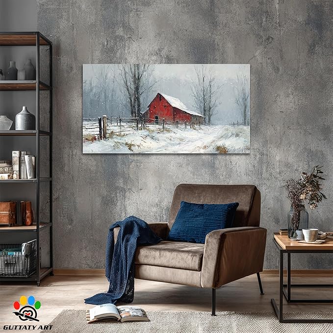 GUTTATY Christmas Winter Scene Canvas Wall Art, Rustic Red Barn Pictures, Snowy Landscape Wall Print, Country Farmhouse Canvas Painting, Festive Hanging Artwork for Living Room Decor, 60x30 Inch