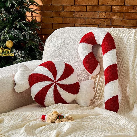 Uvvyui Christmas Pillows Candy Pillows Set of 2 Cute Candy Cane Decoration Winter Throw Pillow Aesthetic Room Decor Candycane Shaped Cushion for Xmas Holiday Party Favor Gift