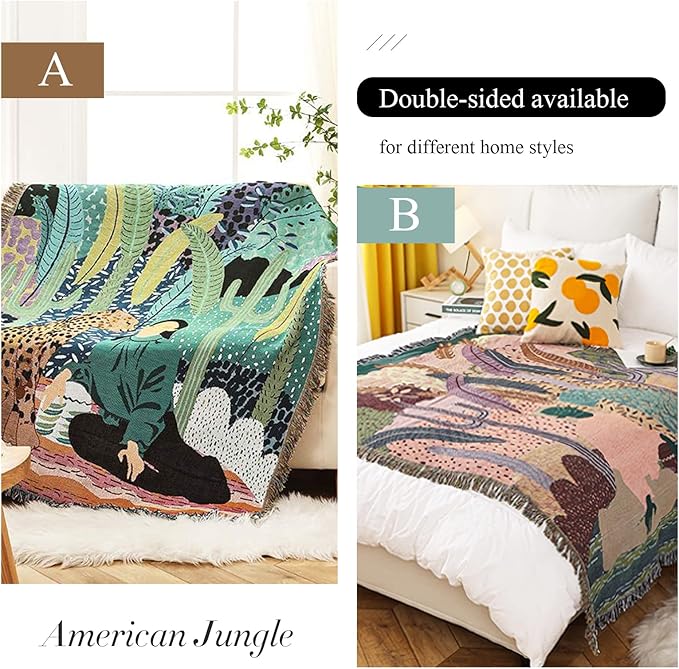 Double-Sided Cotton Woven Throw Blanket with Tassel Jungle Bohemian Style Tapestry Shawl Multi-Function Decorative Throws for Sofa Bed Armchair Camping Blanket Tablecloth Carpet 160x130cm