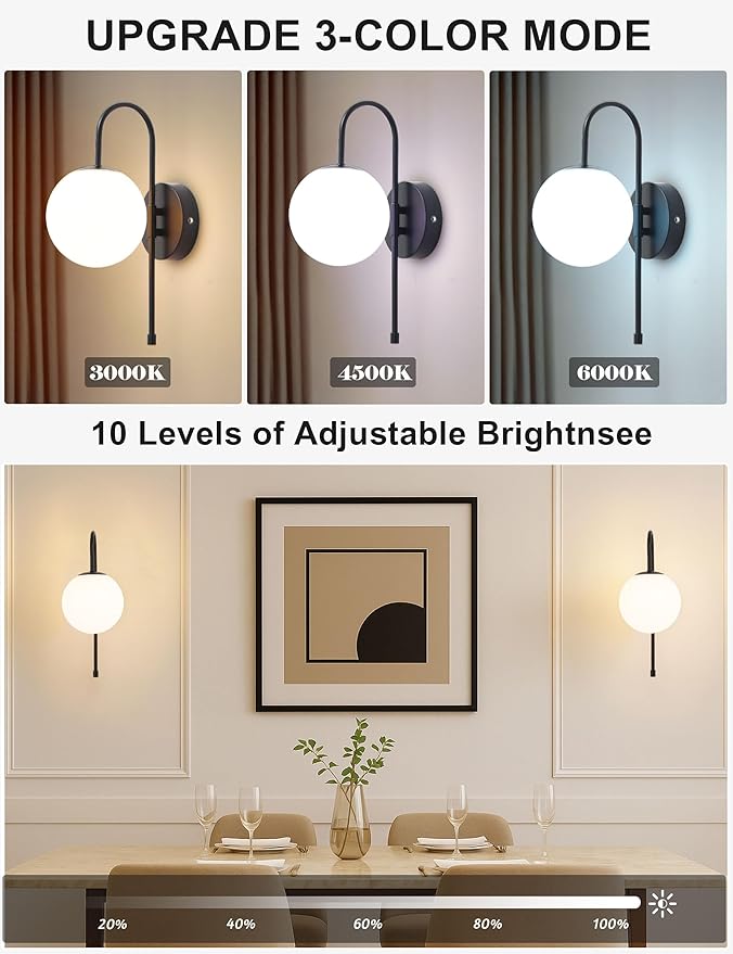 Battery Operated Globe Wall Sconces Set of 2, Wireless Black Wall Lights with Remote Control, Rechargeable 3 Color Stepless Dimming Gooseneck Wall Decor Lamp for Bedroom Living Room Hallway