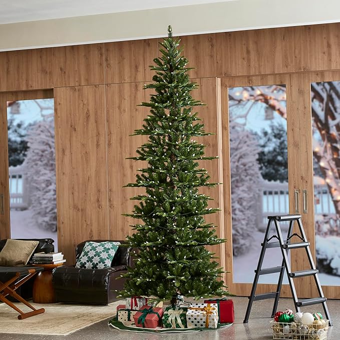 Glitzhome 9ft Prelit Christmas Tree, Cascade Evergreen Slim Fir Artificial Christmas Tree with 500 Strawberry Lights,1468 PE&PVC Branch Tips, 9 Functional Warm White/Multi-Color, Remote Controller