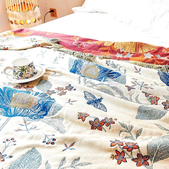 Boho Throw Blanket, 100% Organic Cotton Breathable Ultra Soft Bed Quilt Throw - All Season Floral Bird Butterfly Farmhouse Decor Blanket for Sofa Couch Chair and Gift. 80" x 90"