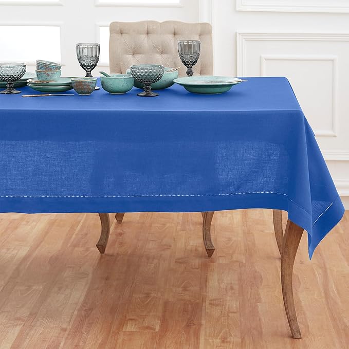 Solino Home Royal Blue Linen Tablecloth 60 x 132 Inch - 100% Pure Linen Hemstitch Table Cloth for Rectangle Tables - Classic Hemstitch, Machine Washable Tablecloth
