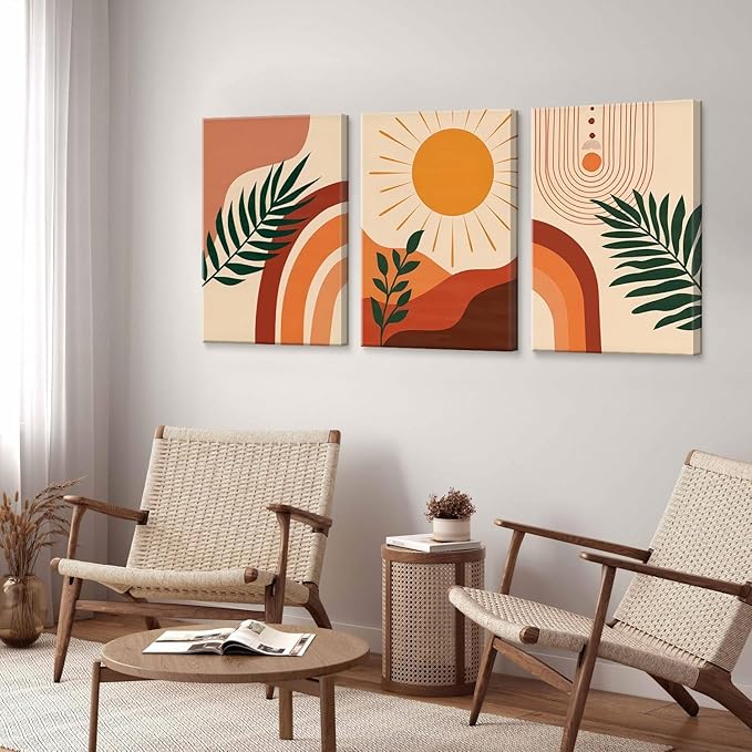 3pcs Framed Boho Wall Art Mid Century Modern Wall Decor Botanical Geometric Abstract Neutral Canvas Sun Mountain Posters Prints Orange Minimalist Artwork Ready To Hang for Living Room Bathroom Bedroom
