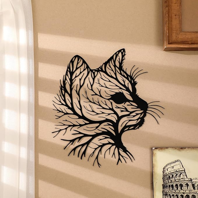 Otoolling Cat Tree Wall Art Silhouette Black Cat Wall Decor Metal Geometric Animal Art for Living Room Above TV Home Decoration, 10.2 x 10 Inch(Classic)
