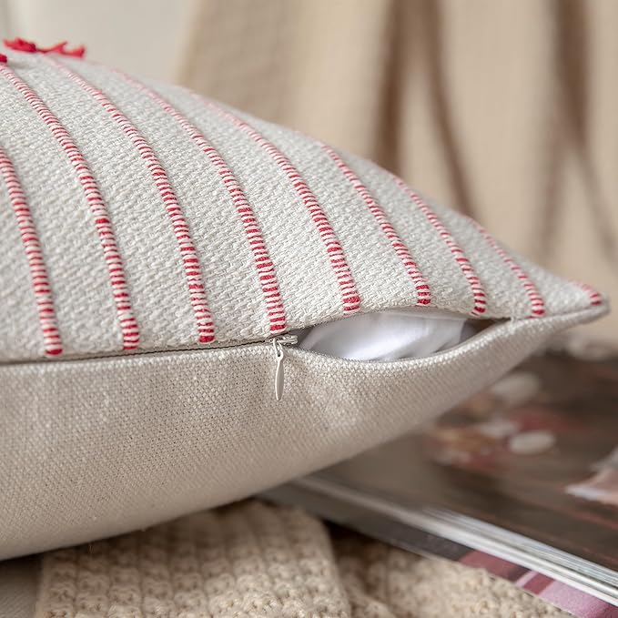 Caflife Boho Christmas Throw Pillow Covers 22x22 Set of 2, Holiday Christmas Decorative Pillow Covers Beige with Red Line for Modern Farmhouse Couch Sofa Bedroom Living Room Outdoor