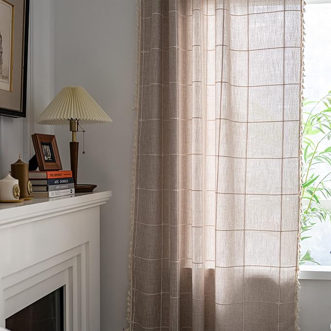 Sutuo Home Boho Curtain for Bedroom 84 Inch Length, Light Filtering Country Farmhouse Vintage Shabby Chic Tassels Window Treatment Bohemian Grid Drape for Decor 1 Panel 52" W x 84" L, Natural Plaids