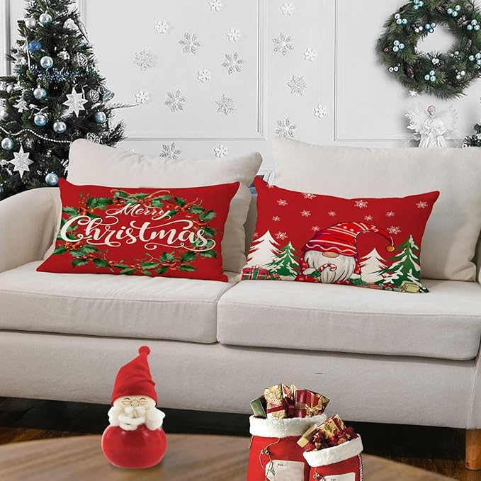Neatee Living Christmas Pillow Covers 12x20 Set of 4 Red Xmas Vintage Throw Pillows Christmas Tree Gnome Snowman Pillow Cases Outdoor Sofa Couch Cushion Covers for Home Decorations (12 by 20)