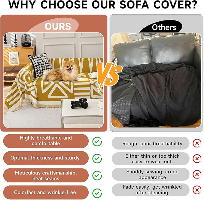 VClife Boho Couch Cover Soft Thick Chenille Couch Covers for Sectional Sofa, Bohemian Jacquard Couch Cover for 2 Cushion Couch Sofa Washable Breathable Furniture Protector, Mustard Yellow, 71"x118"