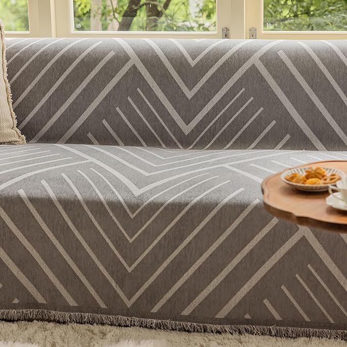 VClife Boho Farmhouse Couch Cover 71''x150'', 1 pc Washable Sofa Covers for 3 Cushion Couch Sofa Kids Soft Chenille Gray White Herringbone Home Decor Couch Covers for Bed Sofa Living Room Slipcover