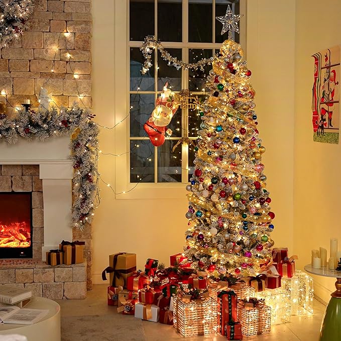 Hykolity 6ft Pre-Lit Snow Flocked Slim Tree, 200 Multi Color LED Lights, 544 Realistic PVC Tips, Hinged Design, Metal Base, 10 Modes