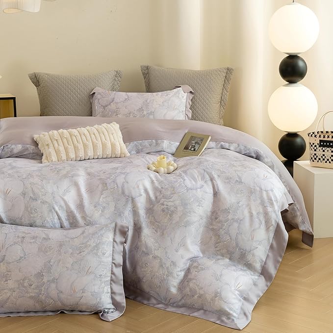 ECOCOTT Bedding 3-Piece Duvet Cover King Size, Silky Soft 100% Lyocell, Hypoallergenic & Eco-Friendly, Elegant Bloom (Soft Purple) Floral Pattern, Cooling & Breathable for Hot Sleepers